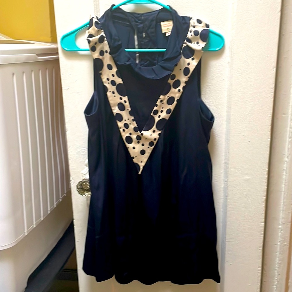 Vintage Lauren Moffatt Navy Polka Dot Collared Mini Dress / Tunic Medium